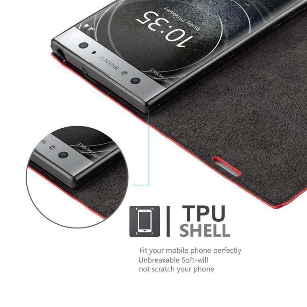Un smartphone Sony en funda negra con ribete rojo. Se ve la hora 10:35.