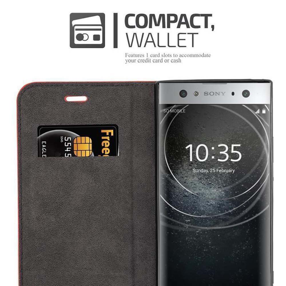 Una funda tipo billetera negra con una tarjeta de crédito junto a un smartphone Sony.