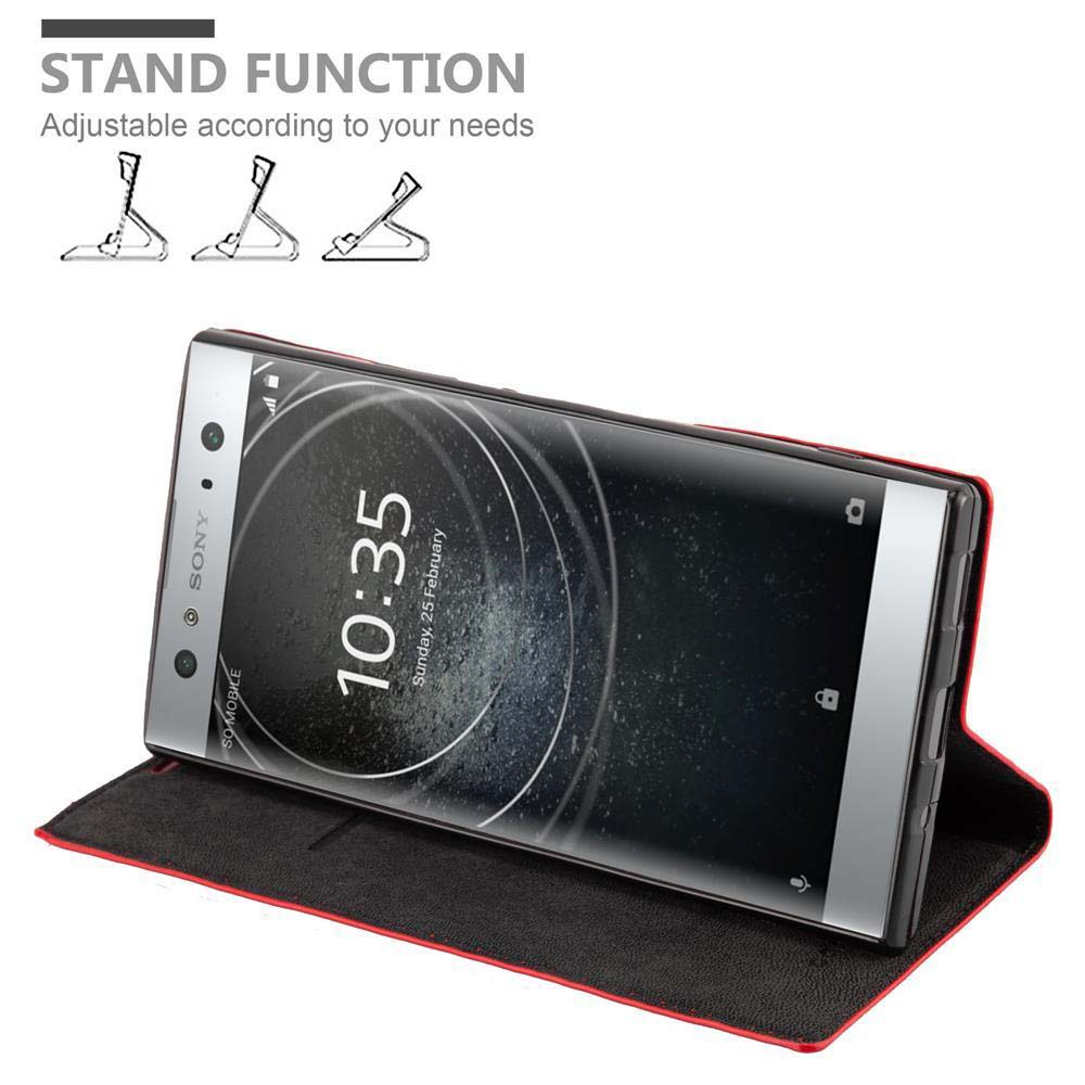 Un smartphone Sony en una funda negra con borde rojo, que funciona como soporte.