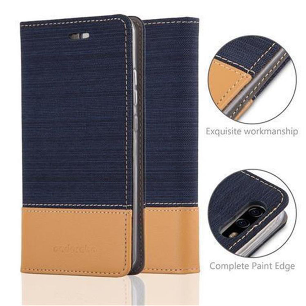 Dunkelblaues Handycover mit braunen Lederakzenten und Nähten.