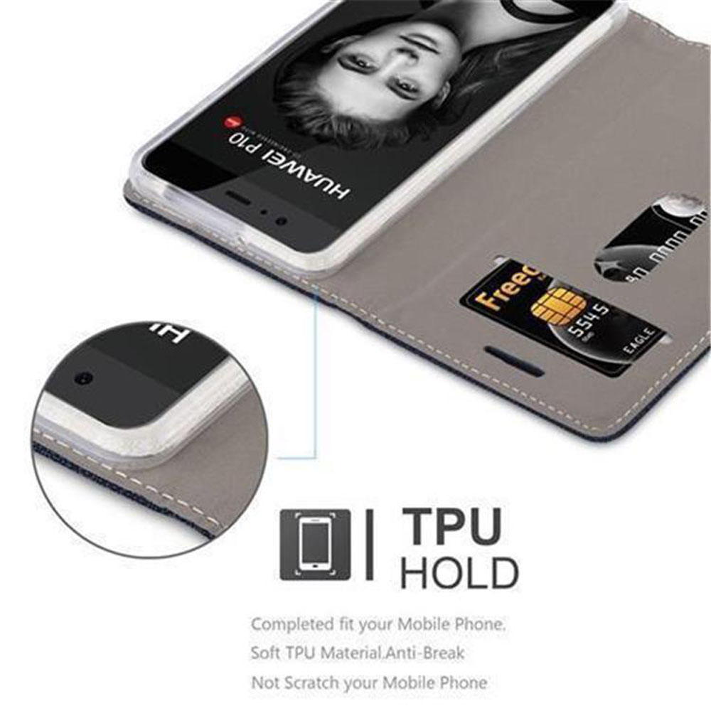 Graue Handyhülle mit Huawei P10, Kreditkarte und TPU-Logo.