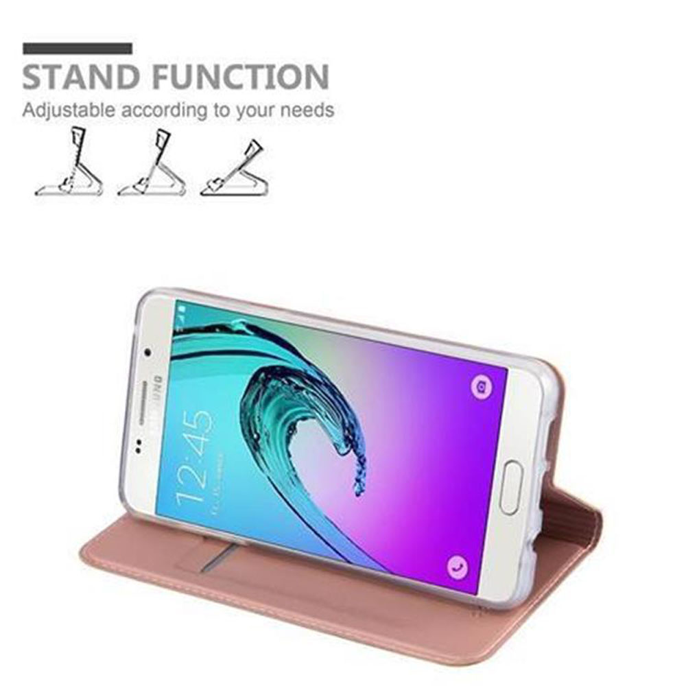Una custodia rosa per telefono con funzione di supporto che tiene uno smartphone.