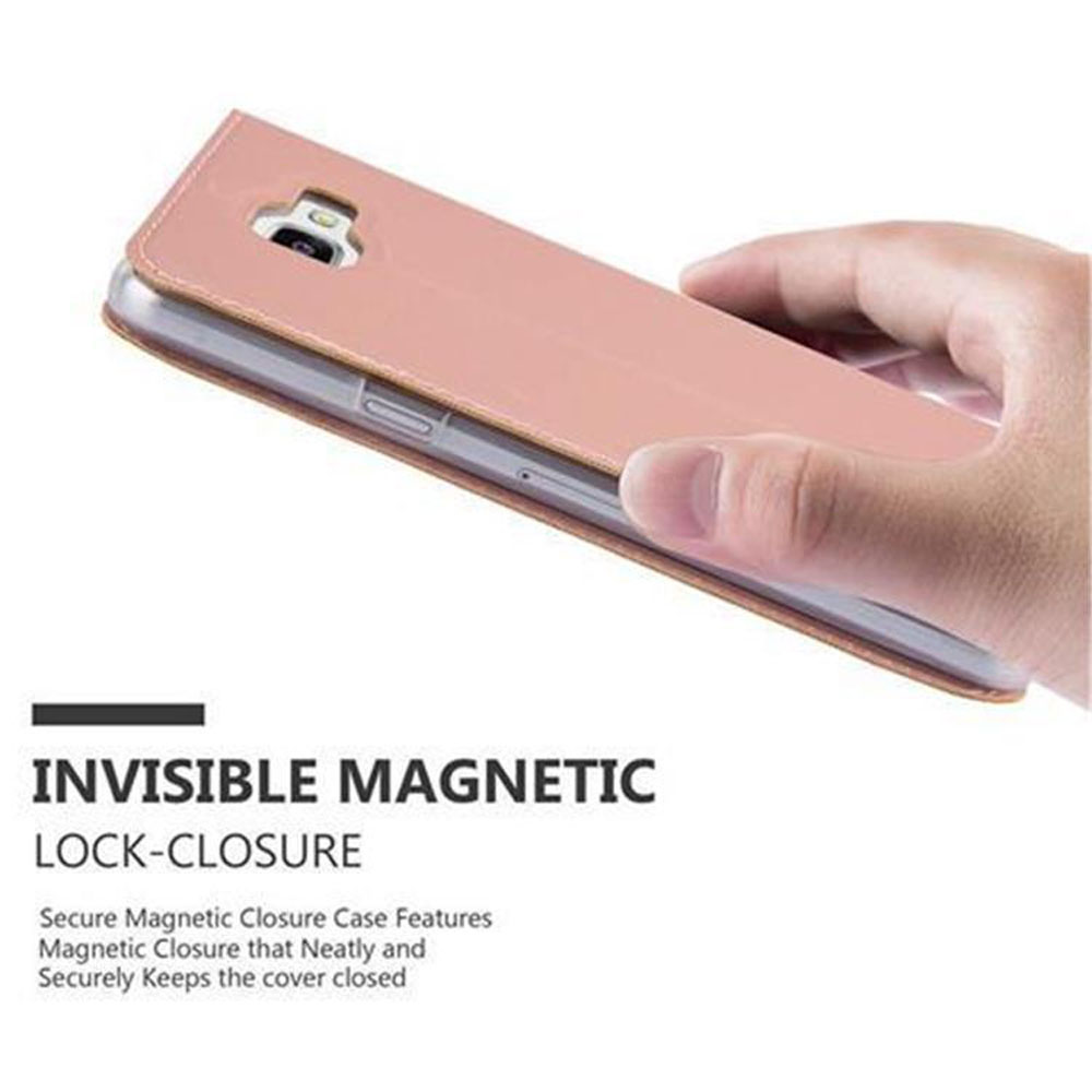 Una mano tiene una custodia rosa per cellulare con chiusura magnetica.