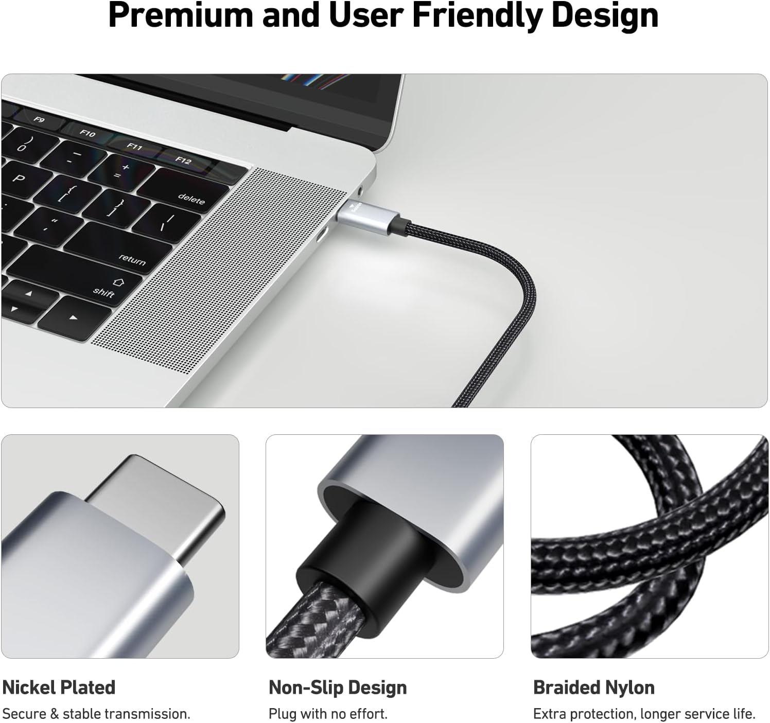 Ein USB-C-Kabel wird in einen silbernen Laptop eingesteckt. Nahaufnahmen zeigen den Stecker, den Anschluss und das geflochtene Kabel.