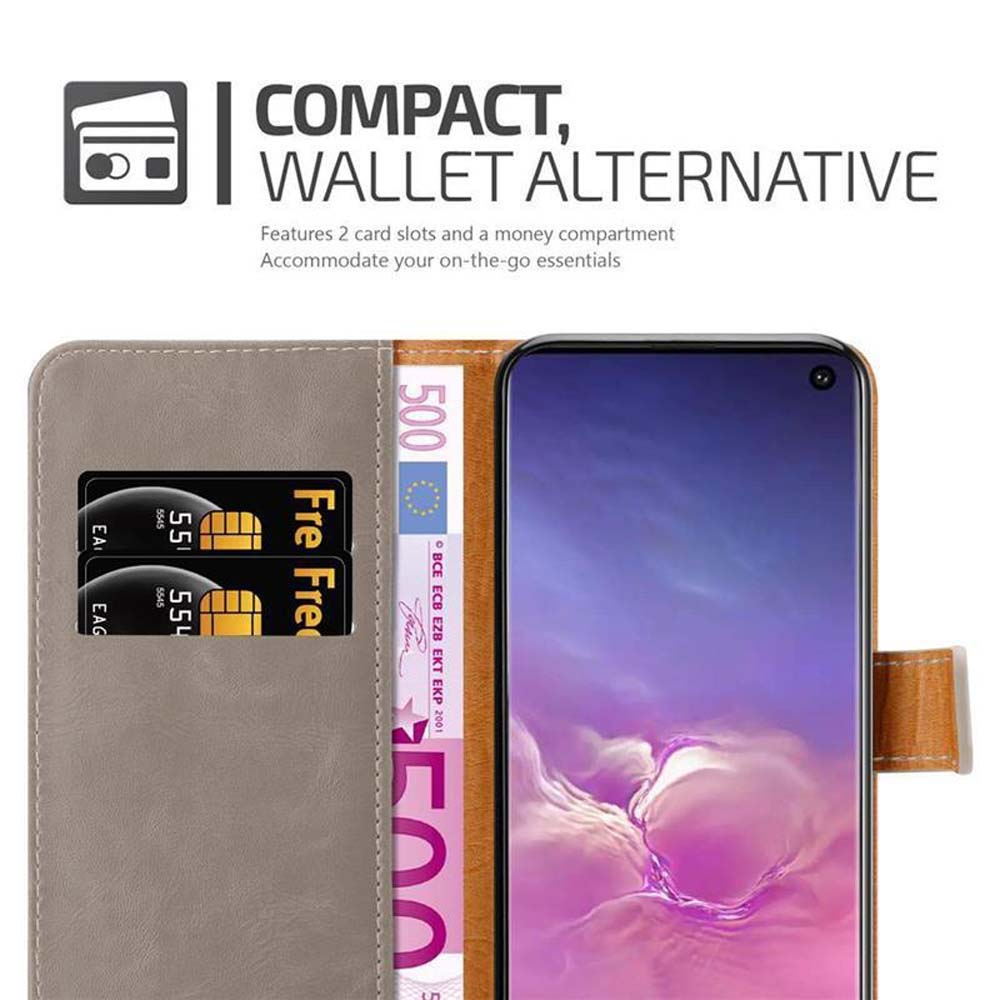 Portafoglio grigio con 2 slot per carte, contanti e cellulare.