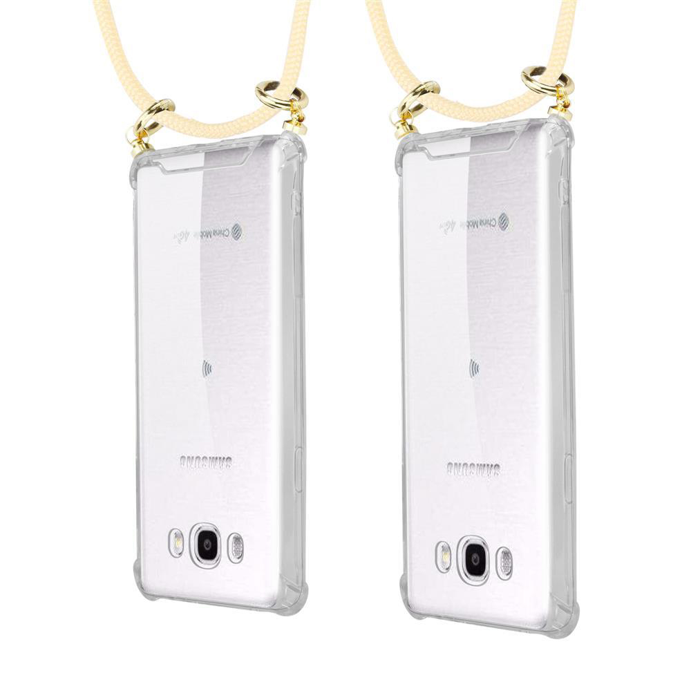 Due telefoni Samsung in custodie trasparenti con cordini, sfondo bianco.