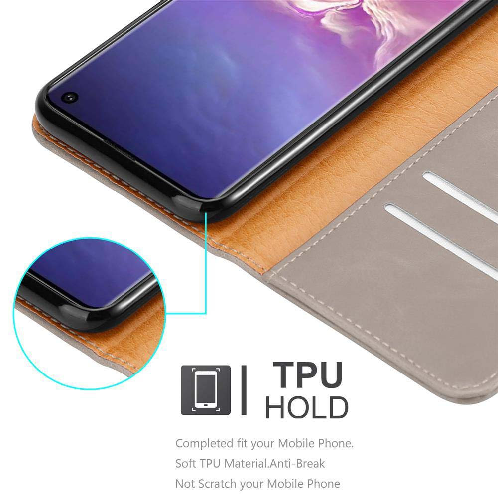 Un telefono cellulare in una custodia marrone e grigia con testo "TPU HOLD".