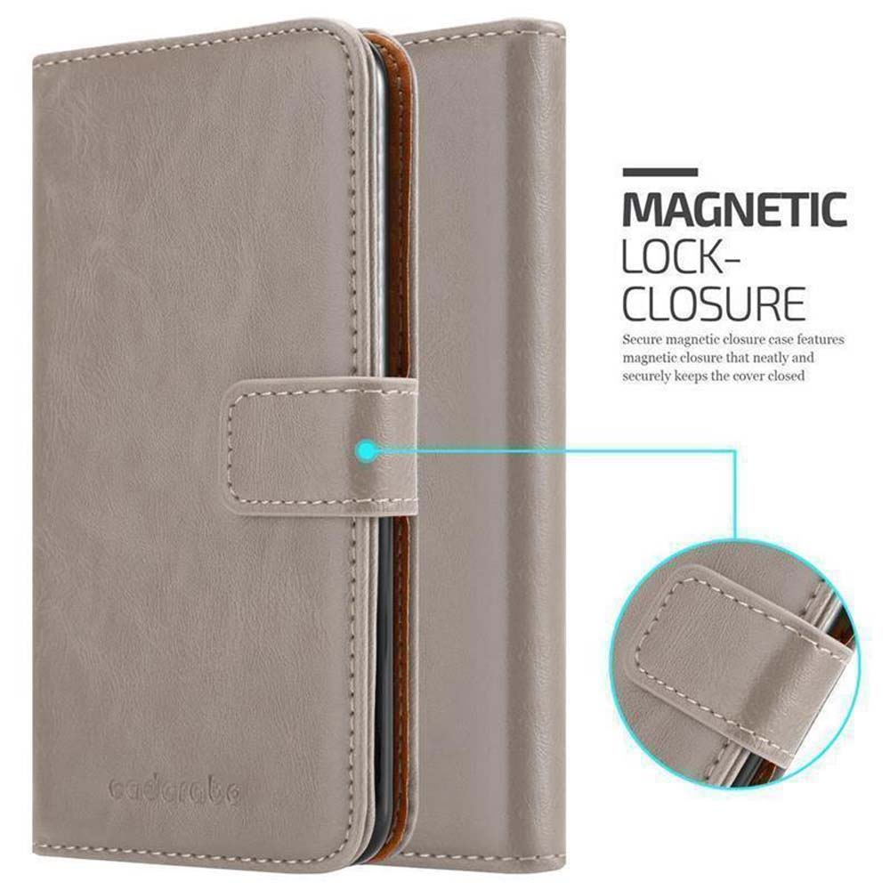 Custodia per telefono in pelle grigia con chiusura magnetica, testo 'MAGNETIC LOCK-CLOSURE'.