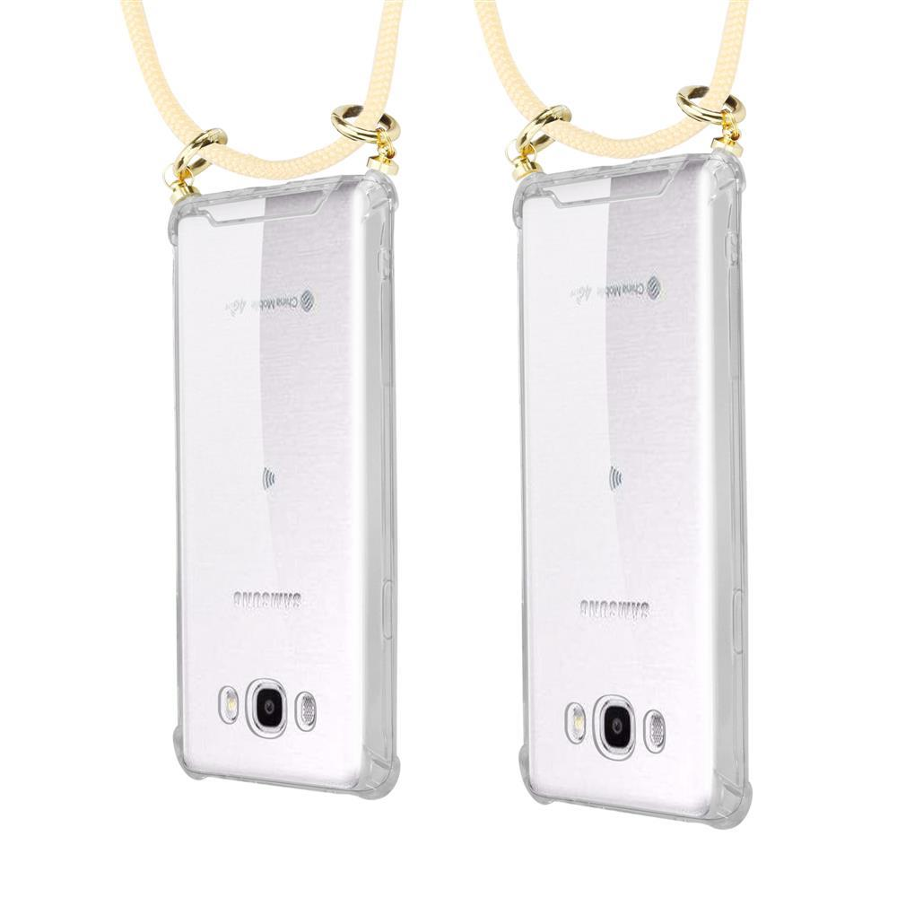 Due custodie trasparenti per telefono con cordini gialli appesi su sfondo bianco.
