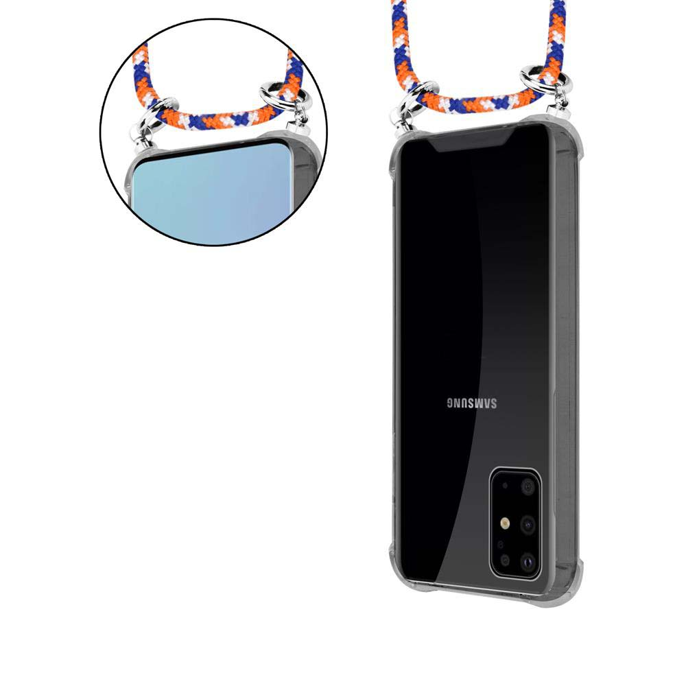 Una custodia trasparente per telefono con un laccio arancione, blu e bianco.