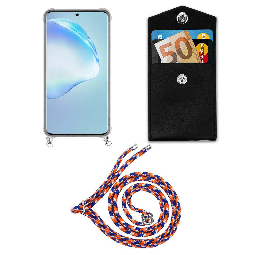 Smartphone in custodia, portafoglio con soldi e carta, e un cordino.
