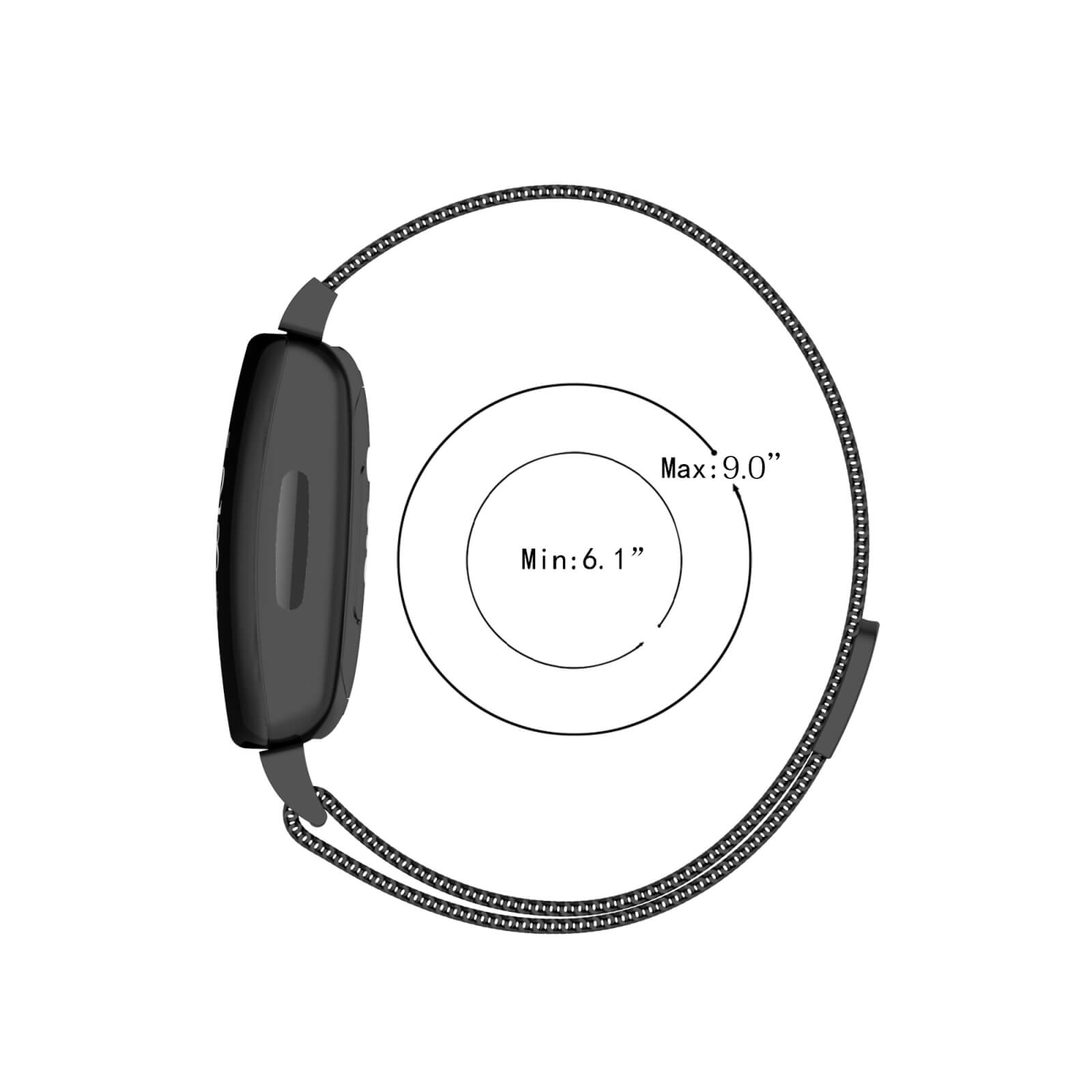 Un bracelet de fitness noir avec un bracelet en maille, indiquant les spécifications de taille.