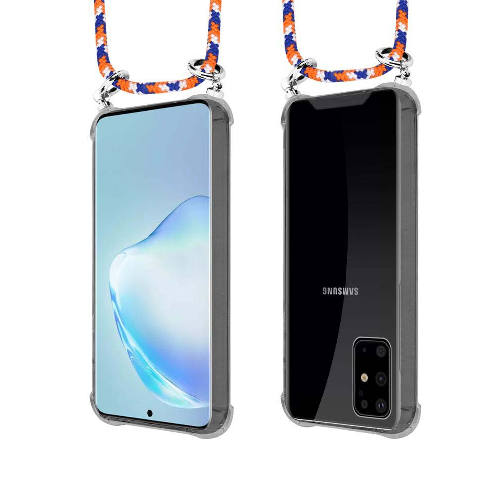 Smartphone con cordino, vista frontale e posteriore.