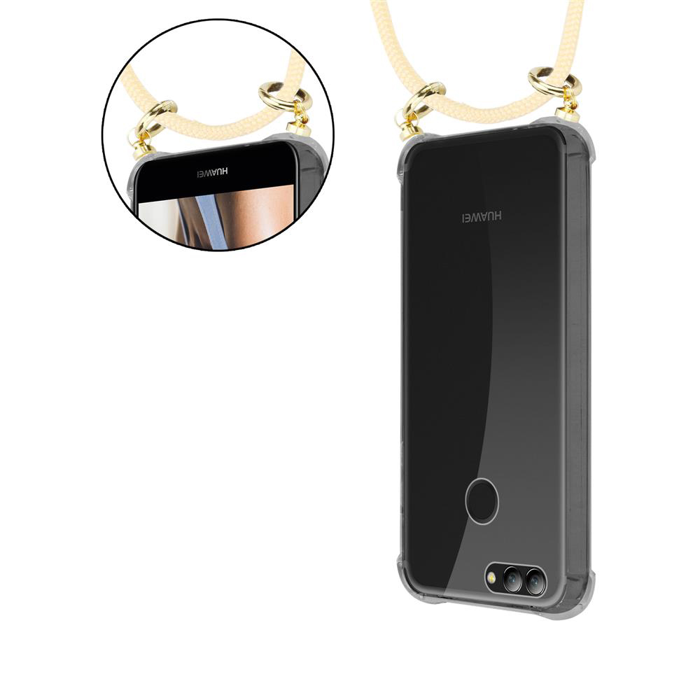 Due telefoni Huawei in custodie trasparenti con cordini, sfondo bianco.