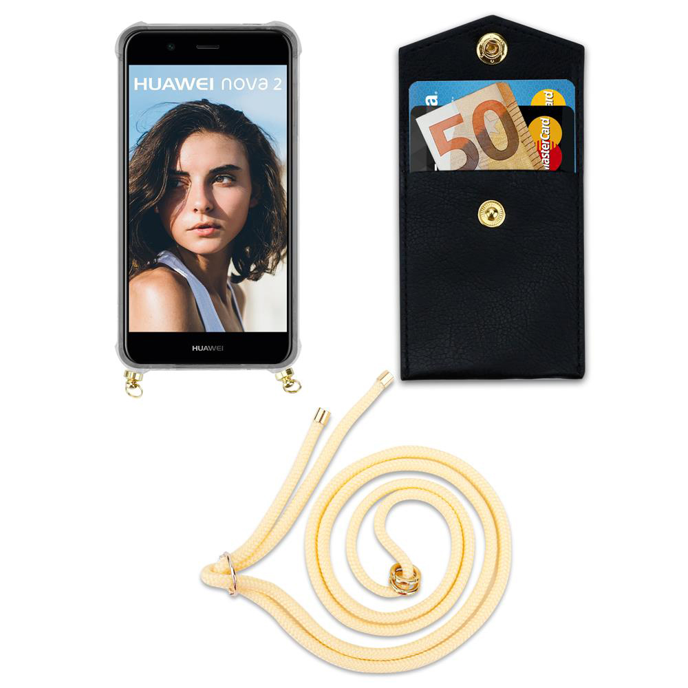 Uno smartphone con foto di donna, un portaoggetti nero con soldi e carte, un cordino.