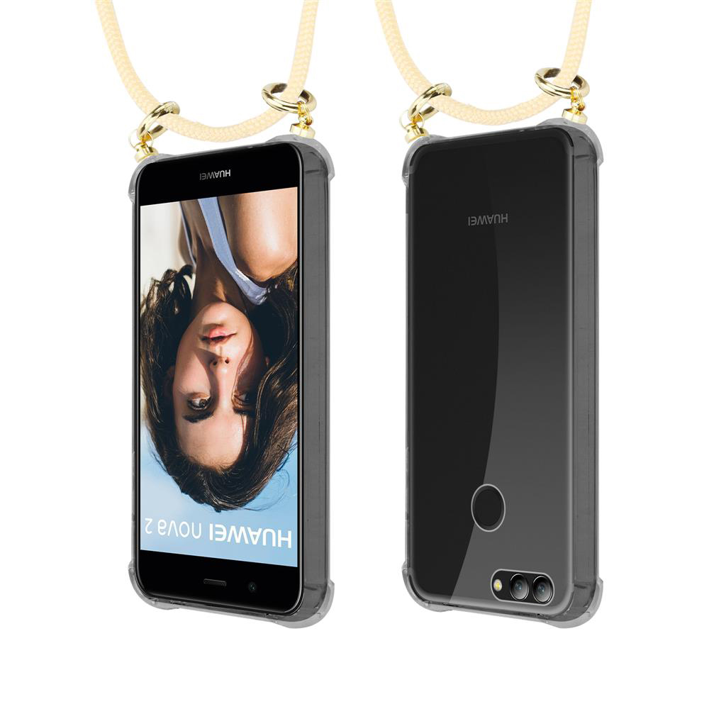 Vista frontale e posteriore di un telefono Huawei Nova 2 con laccetto.