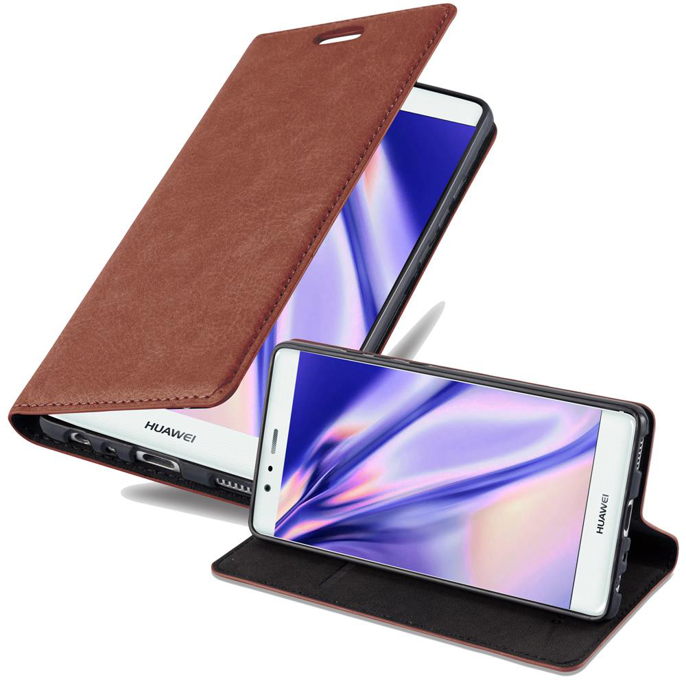 Funda de teléfono marrón abierta, mostrando dos teléfonos Huawei en su interior.