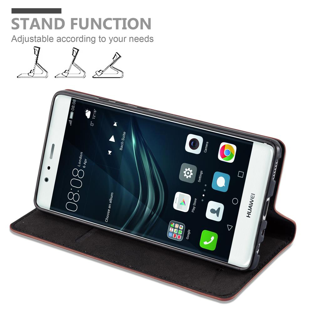 Un smartphone en una funda de cuero abierta que actúa como soporte. Pantalla muestra apps.