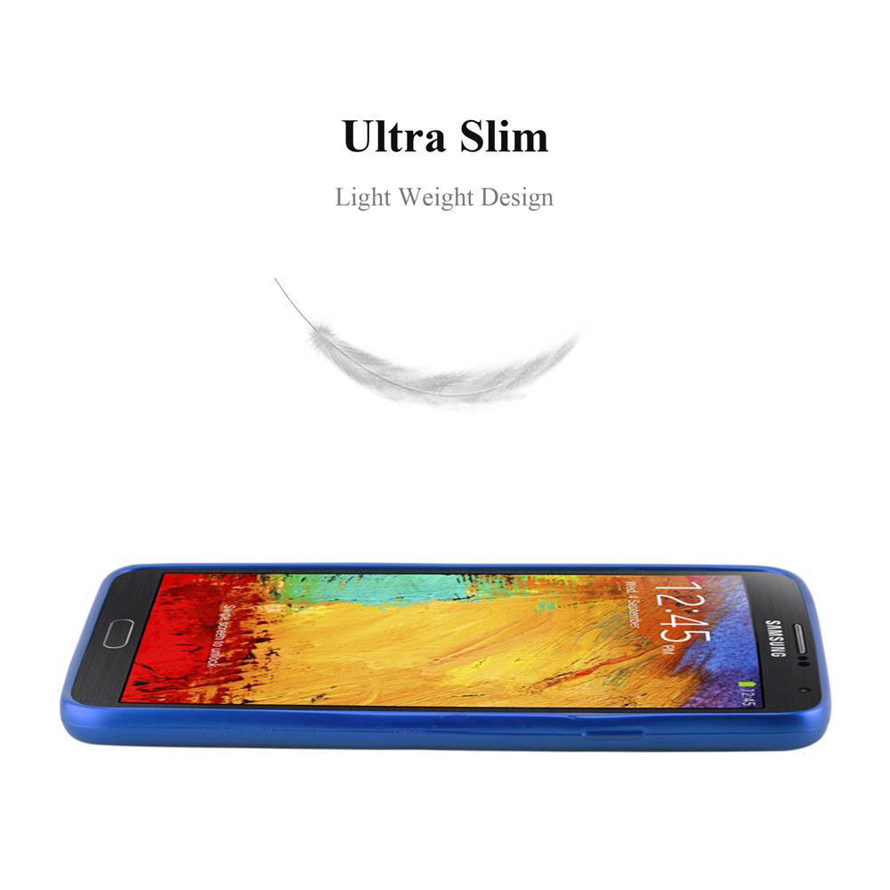 Ein schlankes Samsung-Handy in einer blauen Hülle mit einem Federbild und Text.