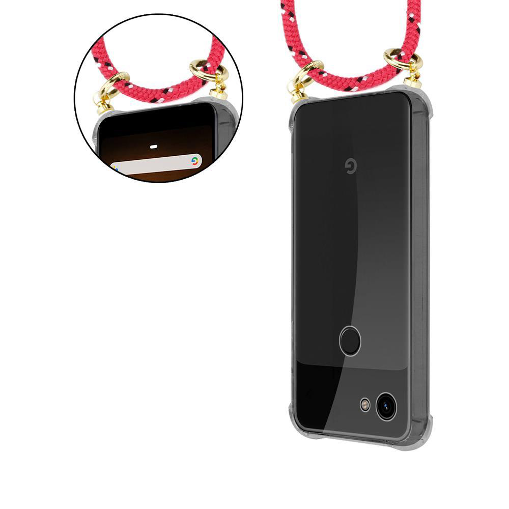 Ein Smartphone in einer durchsichtigen Hülle mit einem roten Band, das daran befestigt ist.