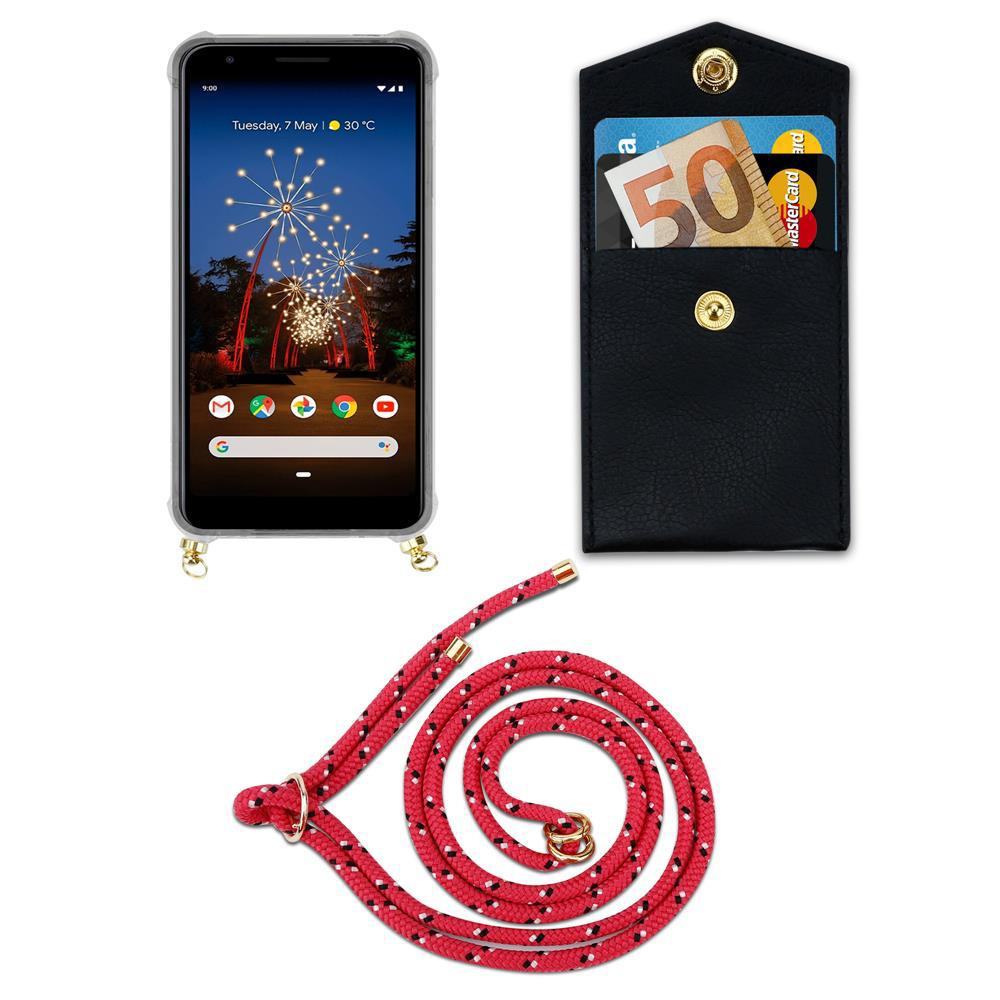 Smartphone mit Hülle, schwarzes Portemonnaie mit Karten und rotes Lanyard.