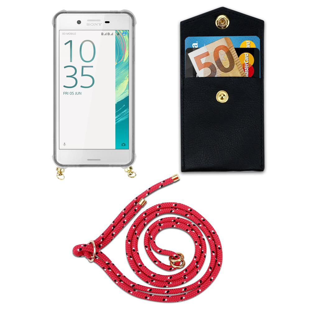 Weiße Smartphone-Hülle mit rotem Lanyard, schwarzer Brieftasche mit Geld und Karten.