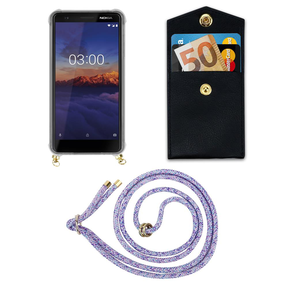 Ein schwarzes Etui mit Karten und Bargeld, ein Nokia-Telefon und eine Lanyard.