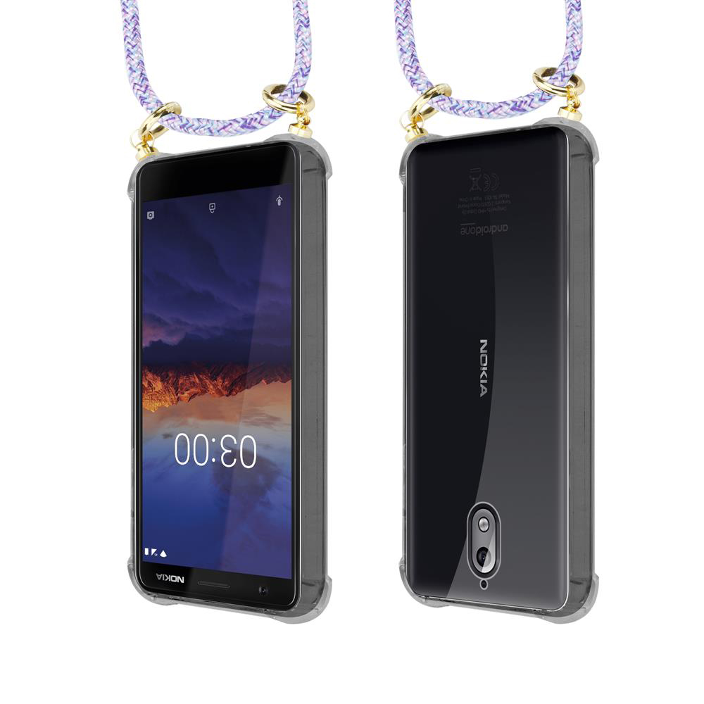 Zwei Nokia-Handys im transparenten Gehäuse mit Lanyard, Vorder- und Rückansicht.