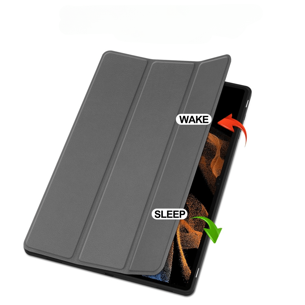 Graues Tablet mit offenem Deckel, Pfeile für Aufwachen und Schlafen.