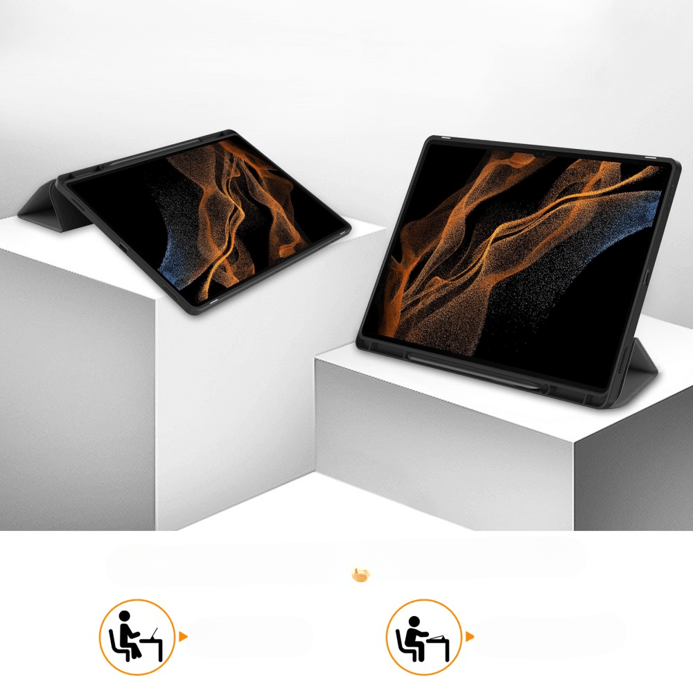 Zwei Tablets mit stilvollem Hintergrund, eines links, eines rechts.