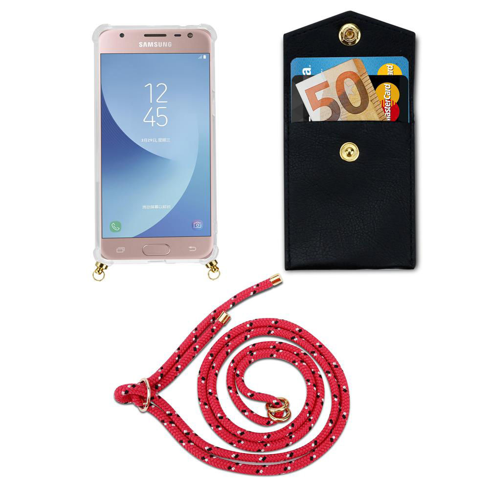 Uno smartphone, un portafoglio nero con carte e soldi, e un cordino rosso.