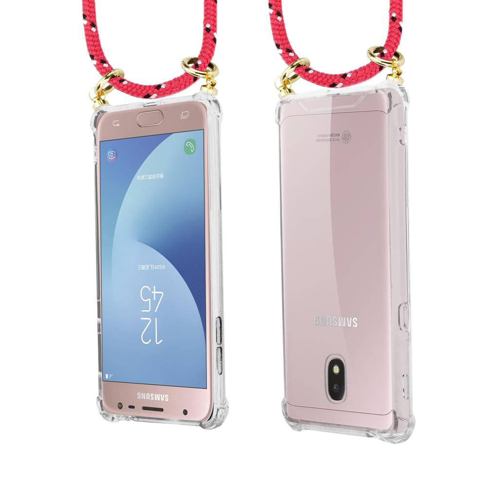 Due telefoni Samsung rosa in custodie trasparenti con laccetti rossi.