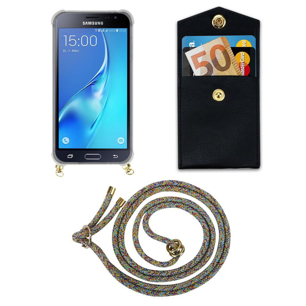 Smartphone in custodia, portafoglio nero con carte e soldi, cordino colorato