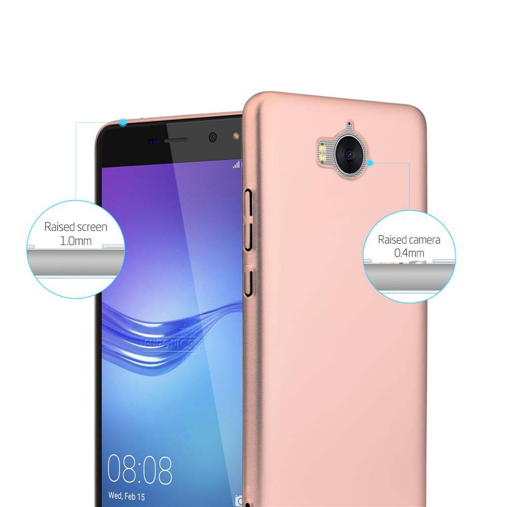 Uno smartphone color oro rosa con custodia, che evidenzia la fotocamera rialzata.