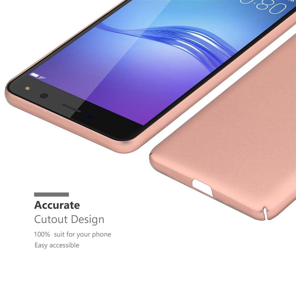 Una custodia color oro rosa è mostrata accanto a un telefono. Tagli precisi.