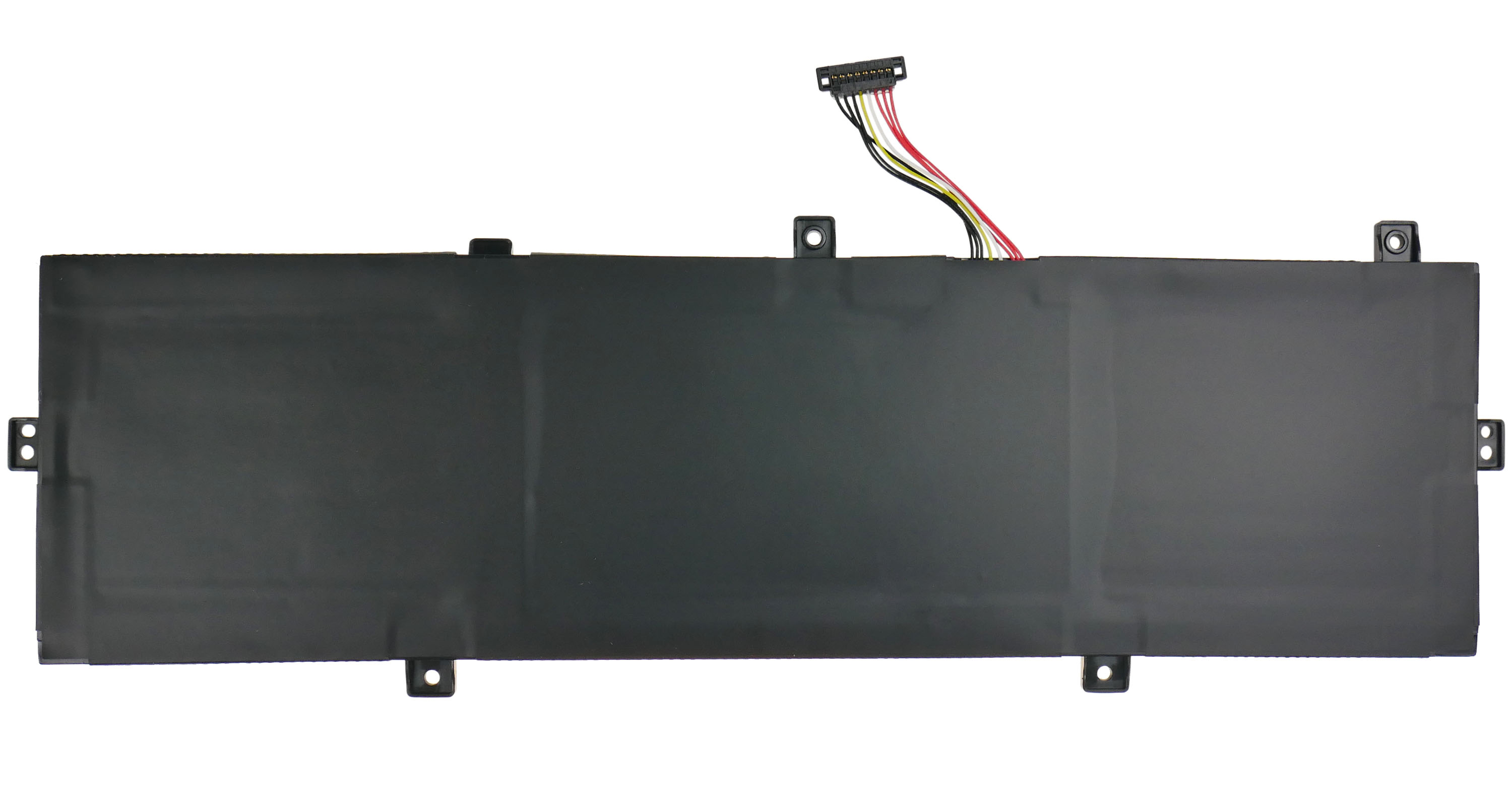 Czarna bateria do laptopa ze złączem kablowym i kolorowymi przewodami.