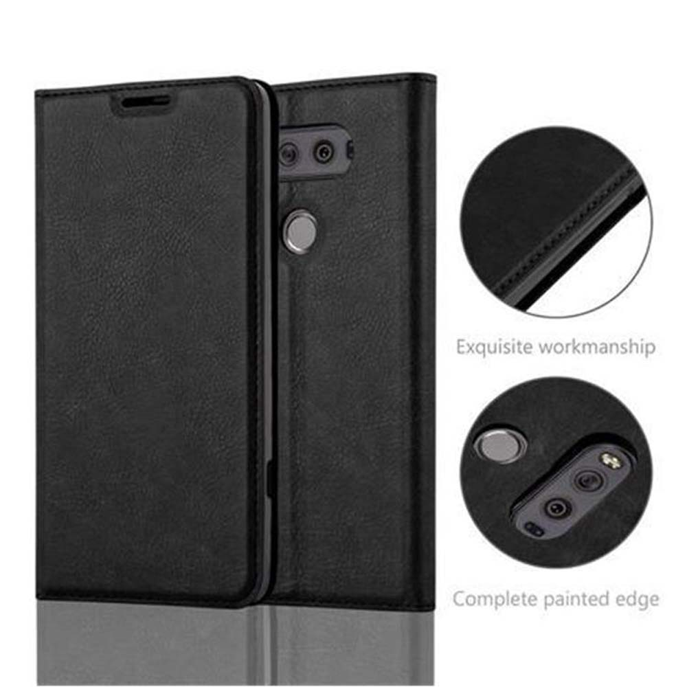 Funda de teléfono negra con tapa cerrada y parte trasera abierta mostrando cámaras.
