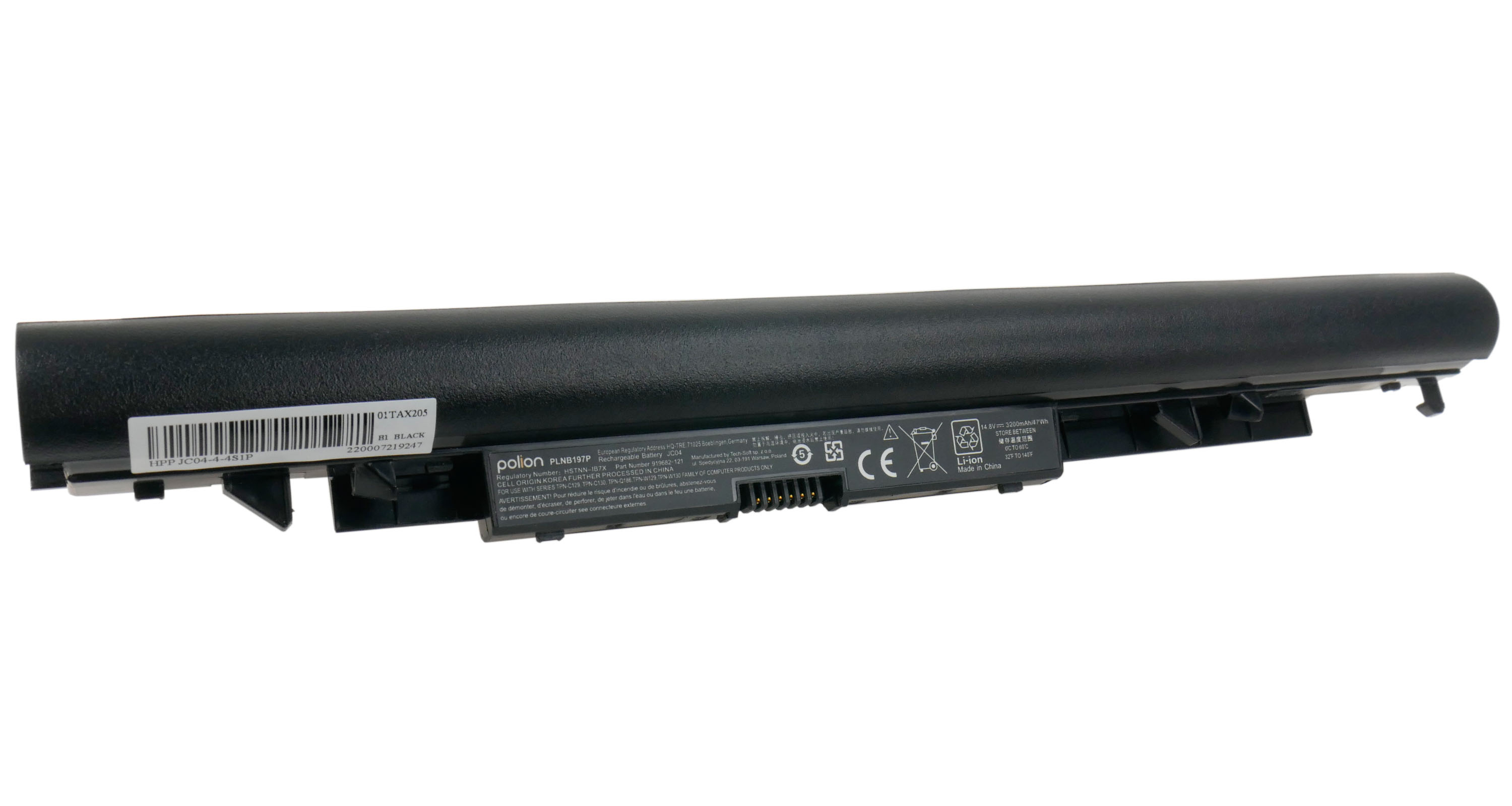 Czarna bateria do laptopa z etykietą pokazującą model, numer seryjny i ostrzeżenia.