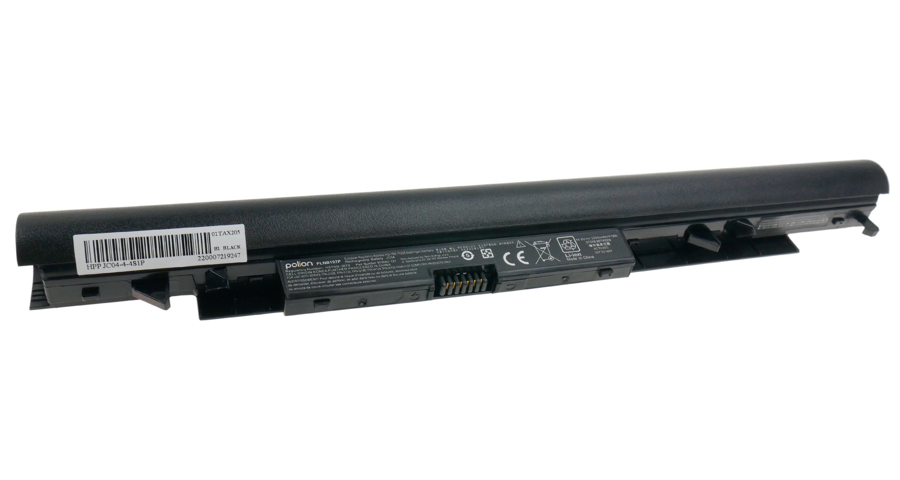 Czarna bateria do laptopa z etykietami, logo CE i Li-Ion.