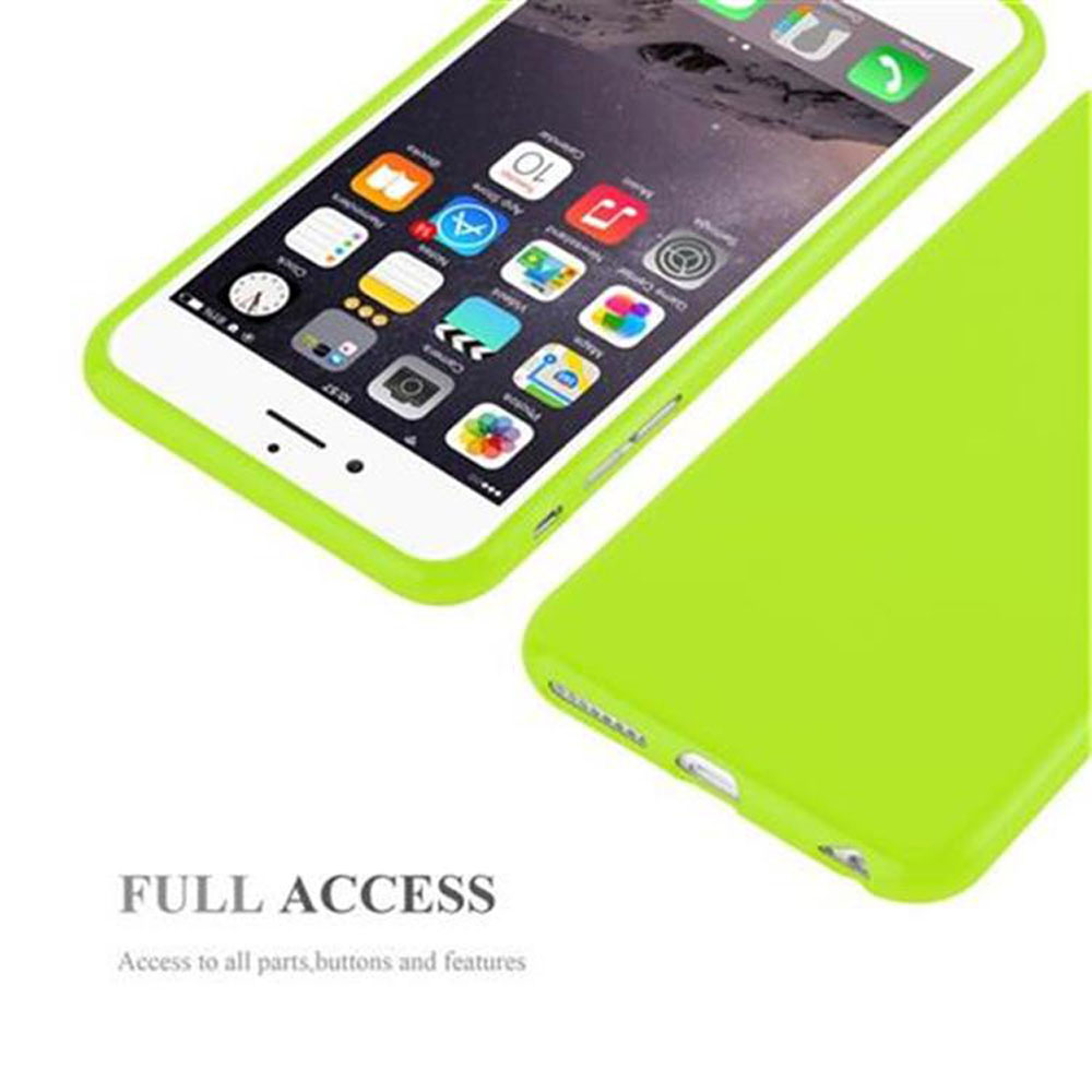 Una cover verde neon copre uno smartphone con app sullo schermo.