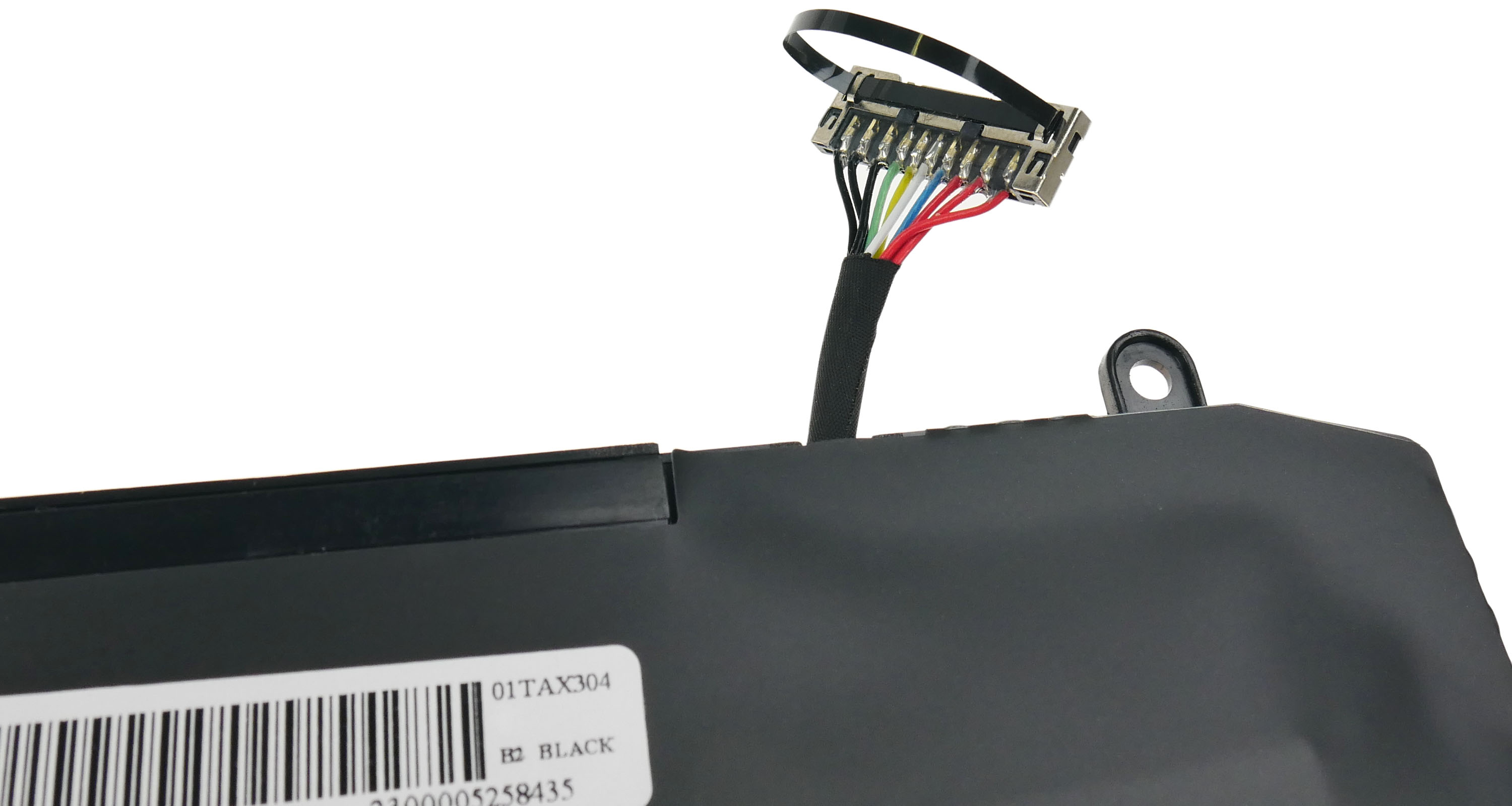 Czarny kabel baterii laptopa z kolorowymi przewodami i złączem.