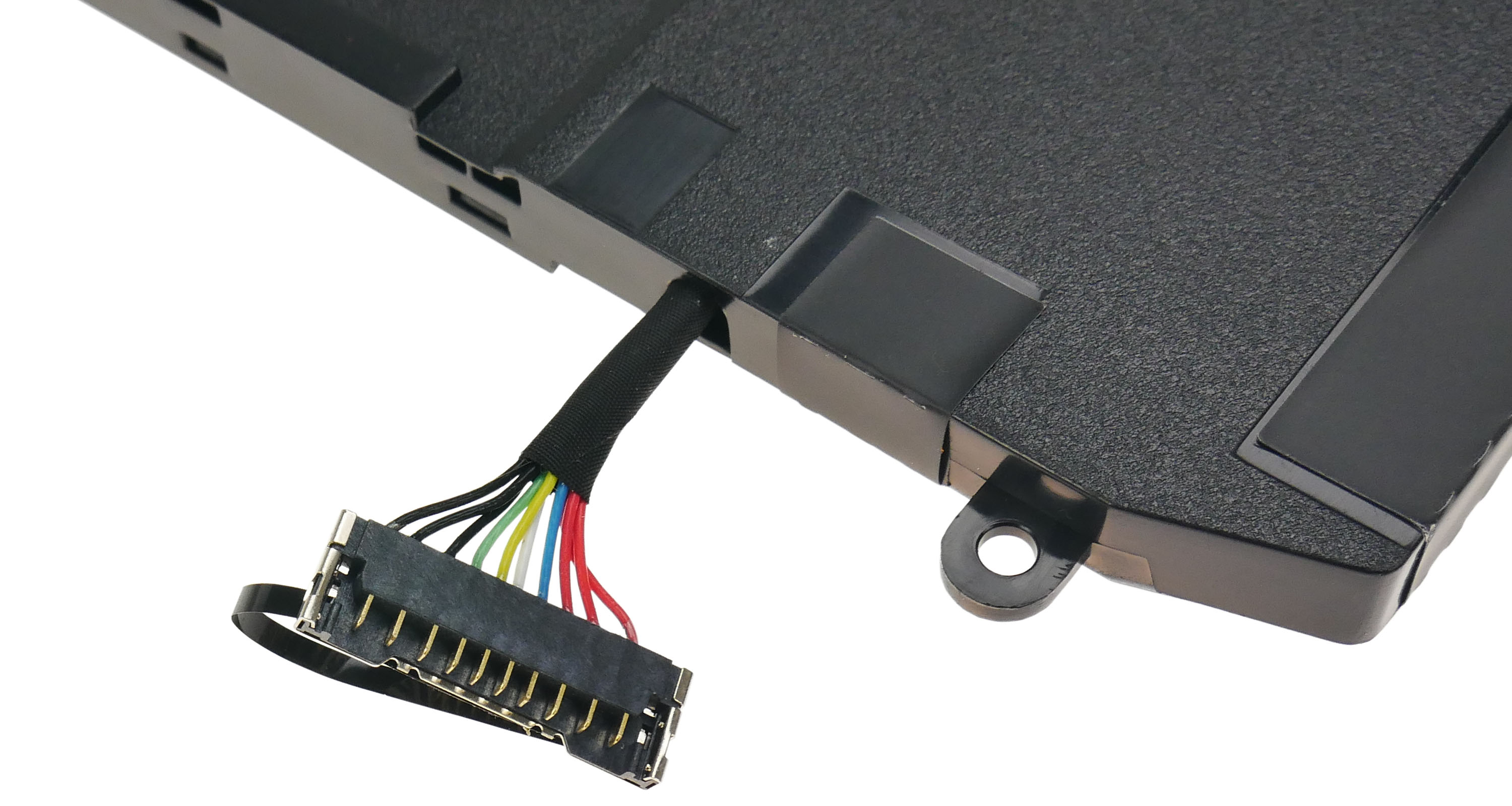 Czarny akumulator do laptopa z kolorowymi przewodami i złączem.