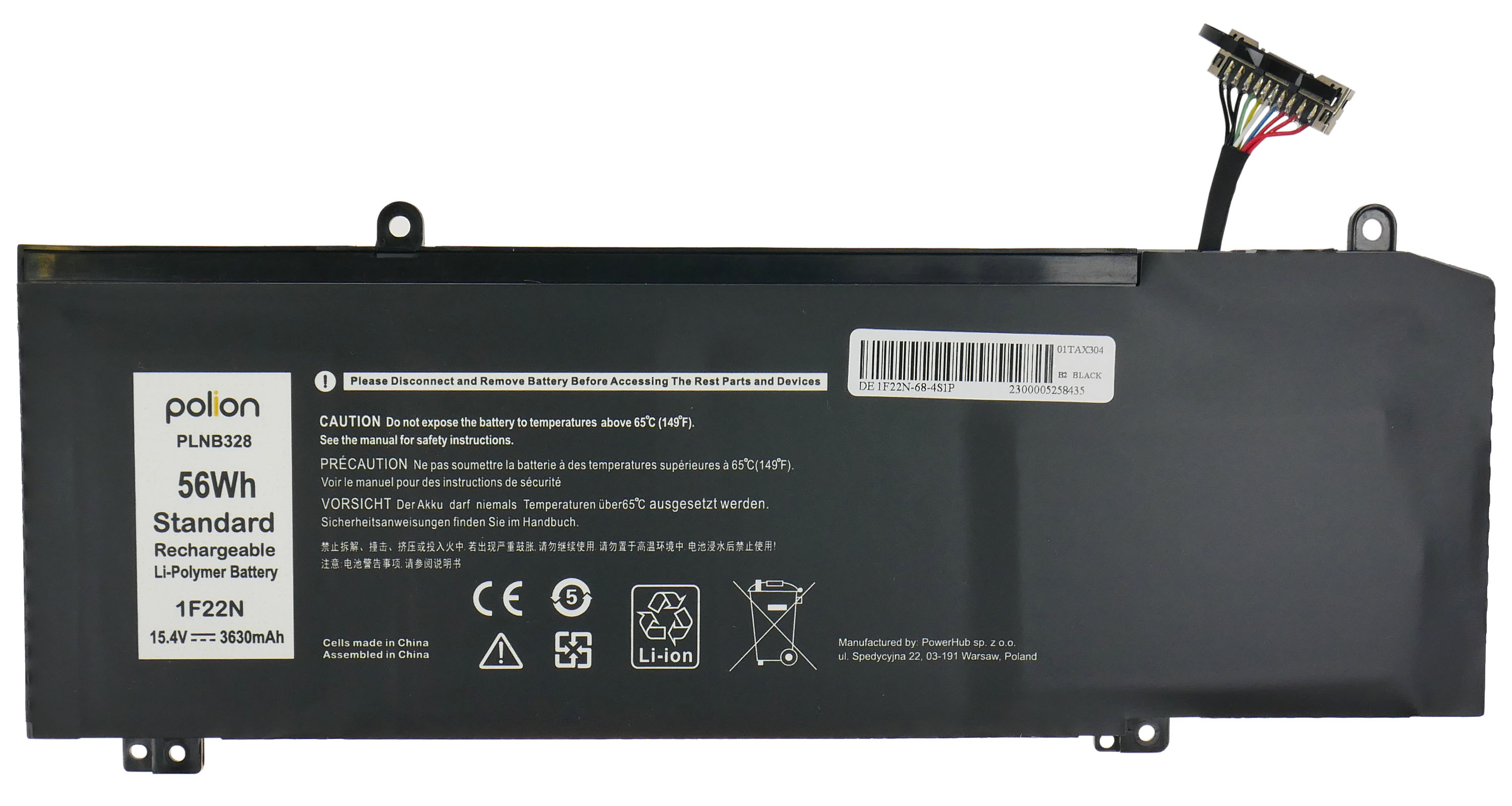 Czarna bateria Polion do laptopa, 56Wh, Li-Polimer, z kablem i złączem.