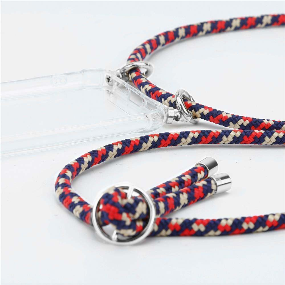 Un cordone rosso, bianco e blu con clip metalliche attaccato a una custodia trasparente per telefono.