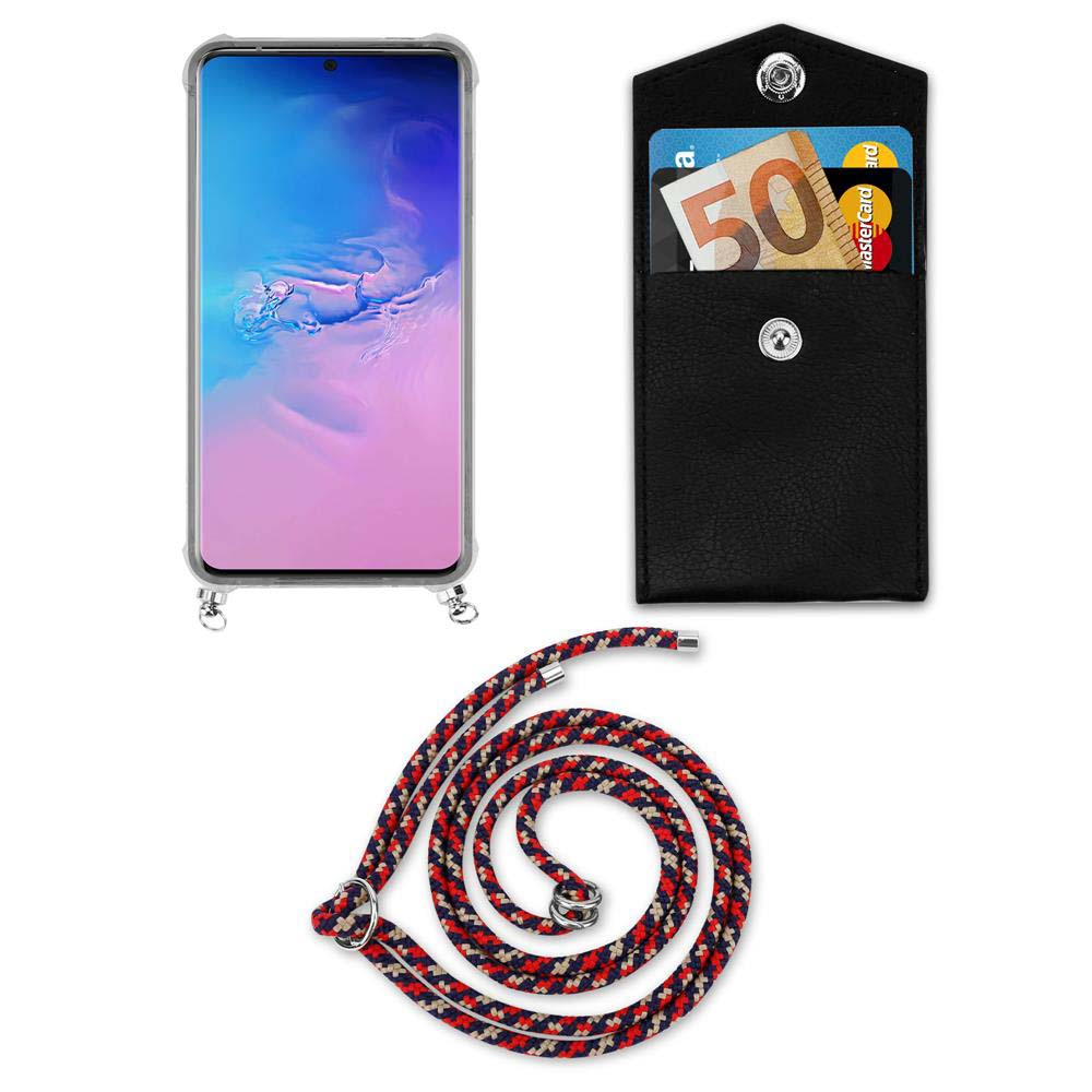Smartphone in cover con laccetto, portafoglio nero con banconota da 50€.