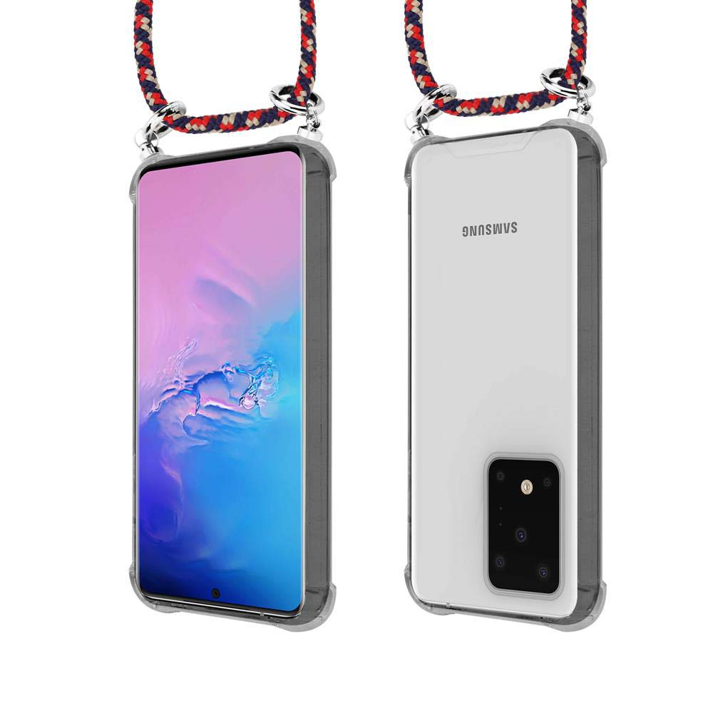 Vista anteriore e posteriore di uno smartphone con cordino e custodia trasparente.