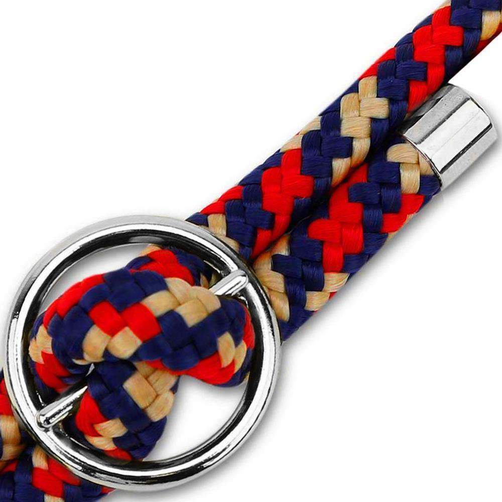 Corda intrecciata rossa, blu e beige con anello e chiusura argentati.