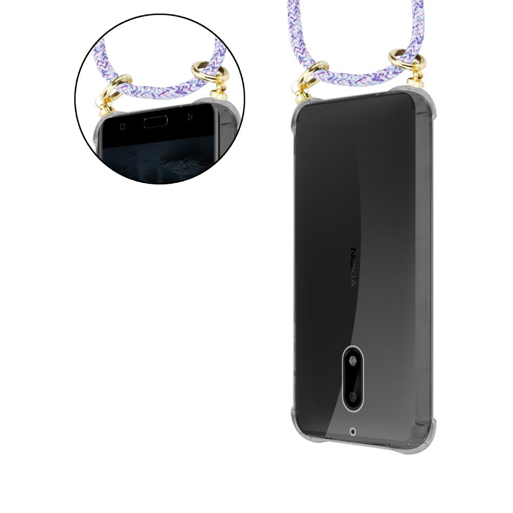 Ein durchsichtiges Handy mit einem Lanyard, das um den Hals getragen wird.