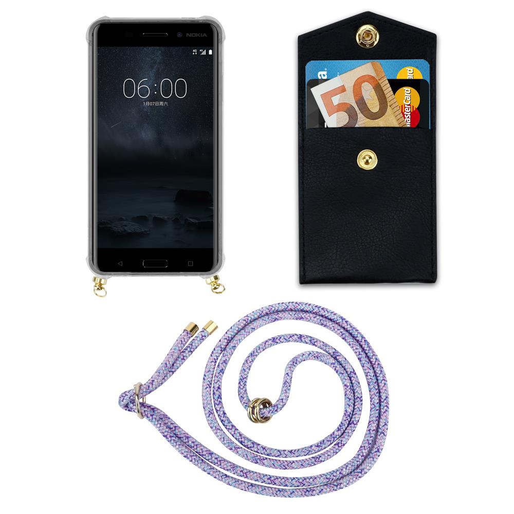 Ein Handy, eine schwarze Tasche mit Karten und Geld, und eine lila Kordel.