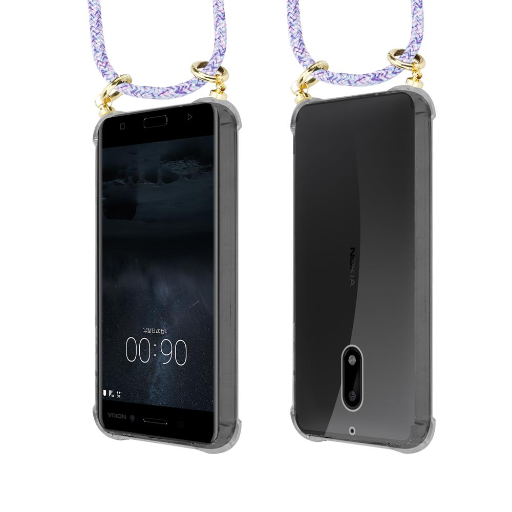 Ein Smartphone mit einem Lanyard, Vorder- und Rückansicht.